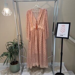 Fraiche by J size L long sleeve front tassel pink floral abstract sheer maxi